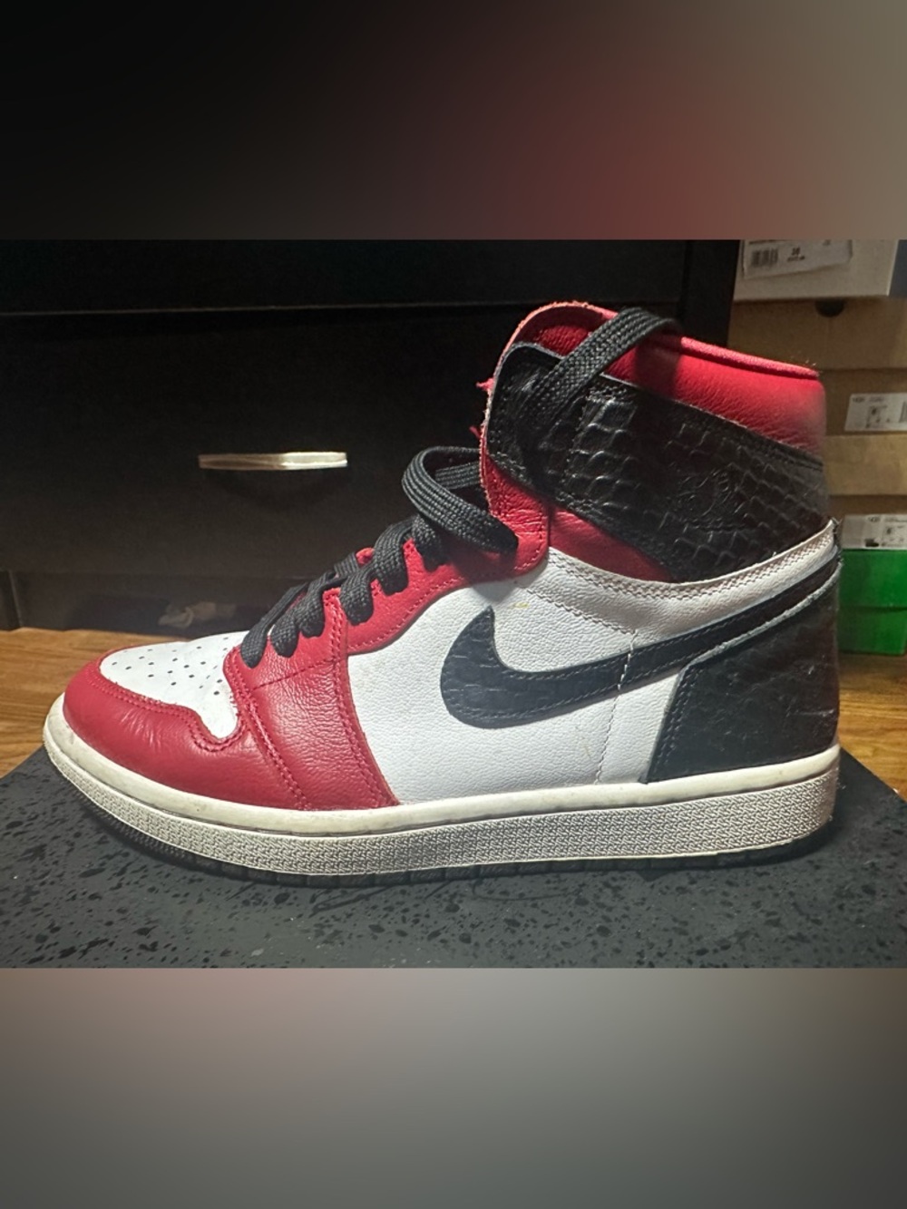 Nike Red and Black Air Jordan 1 High OG Shoe Box “Satin Snake”